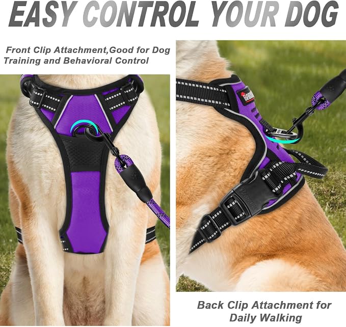 BARKBAY No Pull Dog Harness Front Clip Heavy Duty Reflective Easy Control Handle for Large Dog Walking(Purple,M) | Soft Padded No Choke With Handle,Easy On&Off,Adjustable Reflective For Walking Training Running(Purple,M)