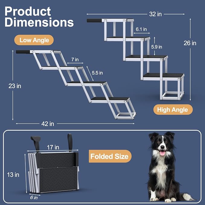 Foldable Dog Stairs for Car, 17" Aluminum Dog Steps for Car 4 Steps | Collapsible Dog Ramp for Car with Non-Slip Surface, Portable Pet Ramps Stairs SUV, High Beds, Truck, Supports up to 200 lbs