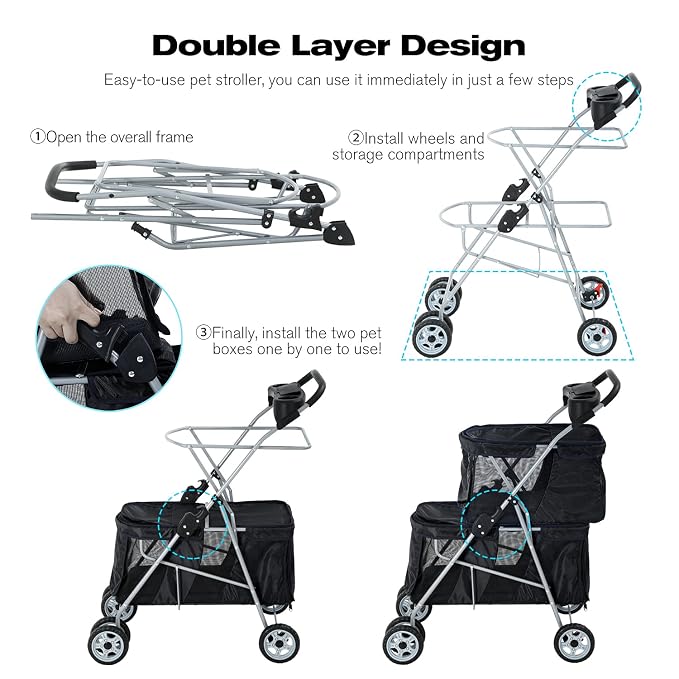 HCY Double Pet Stroller for Cats & Dogs - 4 Wheels, Lightweight, Waterproof for Travel & City Walk (Black)
