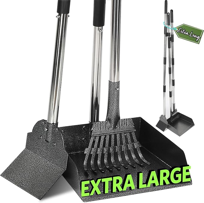 T2Y Pooper Scooper for Large Dogs, Rake & Spade & Extra Large Tray Set | 48" Tall No-Bend | 9.4'' Large Tray | Stainless Steel | Adjustable | Works on Grass, Gravel & Dirt | Easy to Install