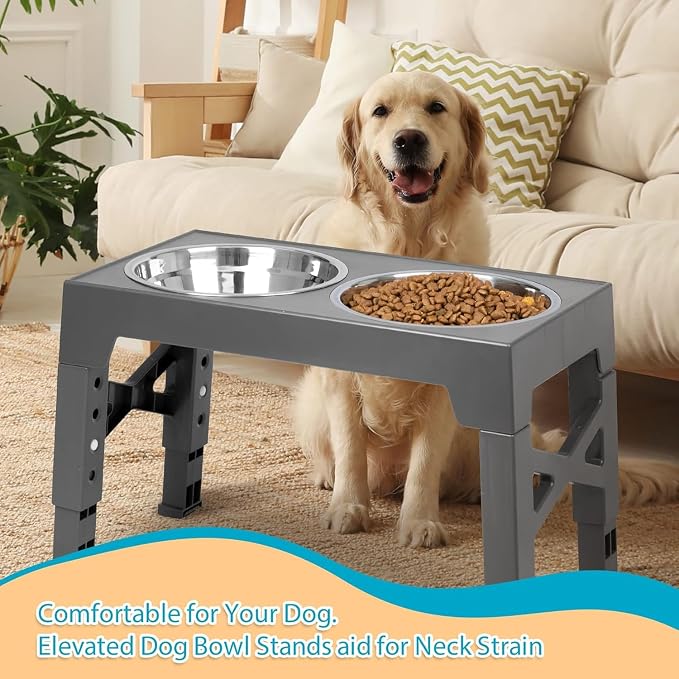 Elevated Dog Bowls with 2 Stainless Steel Dog Food Bowls, Raised Dog Bowl Adjusts to 5 Heights (3.15", 8.66", 9.84",11.02", 12.2") for Small Medium and Large Dogs