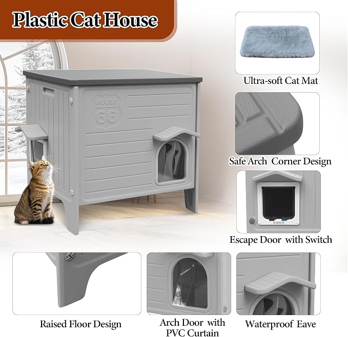 Cat House Outdoor with Cat Mat Large Weatherproof Plastic Cats Shelter | Weatherproof Cat House with Escape Door Indoor Waterproof Feral/Pet Cat Shelter Outside for Multiple Cats