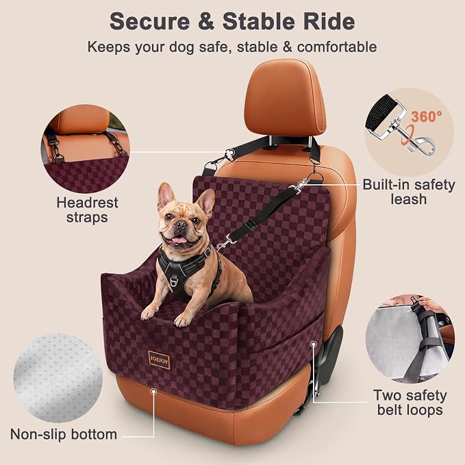 JOEJOY Elevated Dog Car Seat for Small/Medium Dogs up to 36 lbs, Memory Foam Booster Seat with Detachable Washable Cover, Travel-Safe Car Bed with Safety Belts & Storage Pockets, Red