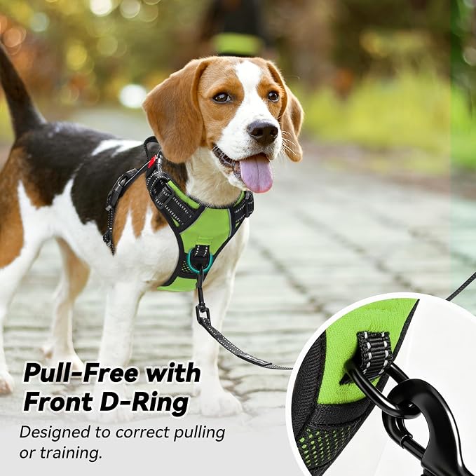 PoyPet No Pull Dog Harness Medium with Front Clip & Neck Release Buckle | No Choke, Adjustable Vest, Reflective, Back Clip, Lockable, Soft Padded, Easy Control Handle for Walking Training, M, Green