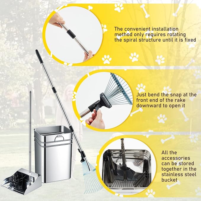 Stainless Steel Dog Pooper Scooper Set, 8.8 Gal Bucket, Long Handle | Includes Rake, Tray and Bucket for Yard Cleanup. Extra-wide Tray and Adjustable Handle Help Clean Large Dog Waste Easily