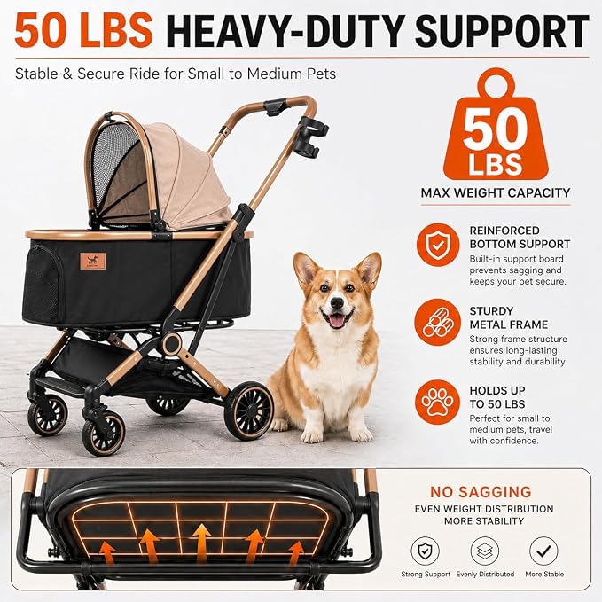 6-in-1 Cat Stroller for Cats & Small Dogs, Foldable Travel | Luxury Brown Pet Stroller, Detachable Carrier, Foldable Dog Stroller for Small Dogs, 360° Wheels, Frame Supports up to 50 lbs