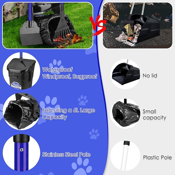 Lukovee Dog Pooper Scooper, 37.4" Long Metal Handle, No Bending Swivel Bin | Portable, Adjustable, Rake Spade Kit, Non-Stick Stainless Steel, 3L Odor-Seal Bin, Works on Grass Gravel Concrete, 20 Bags