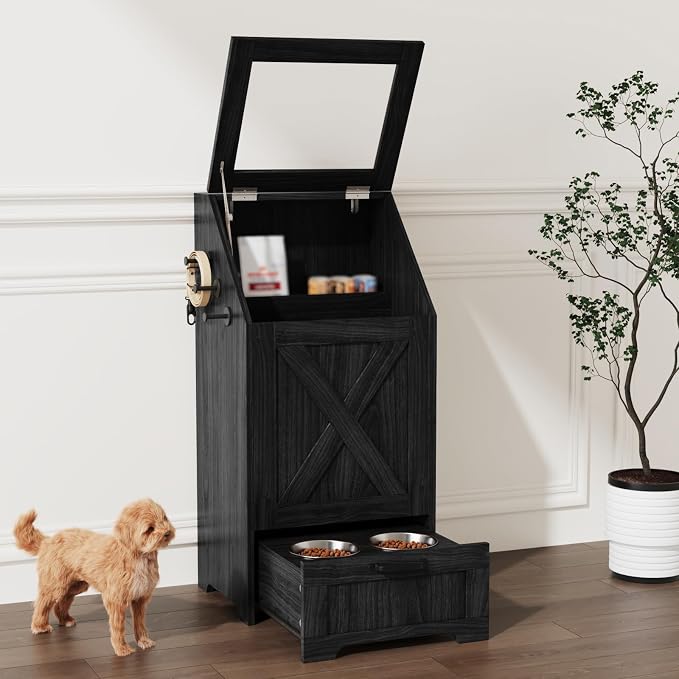 Dog Feeding Station with 2 Elevated Bowls, Dog Food Storage Cabinet with Pet Toy Organizer and Flip Top Pet Feeding Station,Hidden Pet Feeder Station