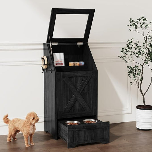 Black Dog Feeding Station with Storage & Bowls | Pet food cabinet, 2 elevated bowls, 3 hooks, glass flip cover, anti-tipping device, for dogs.