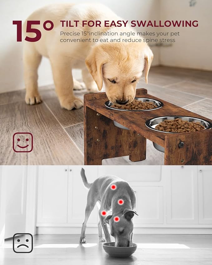 Elevated Dog Bowls, Raised Bowl Stand Adjustable Small, Rustic Brown | Particle Board Raised Feeder with 2 Stainless Steel Bowls, Adjustable Height for Small Puppies and Cats