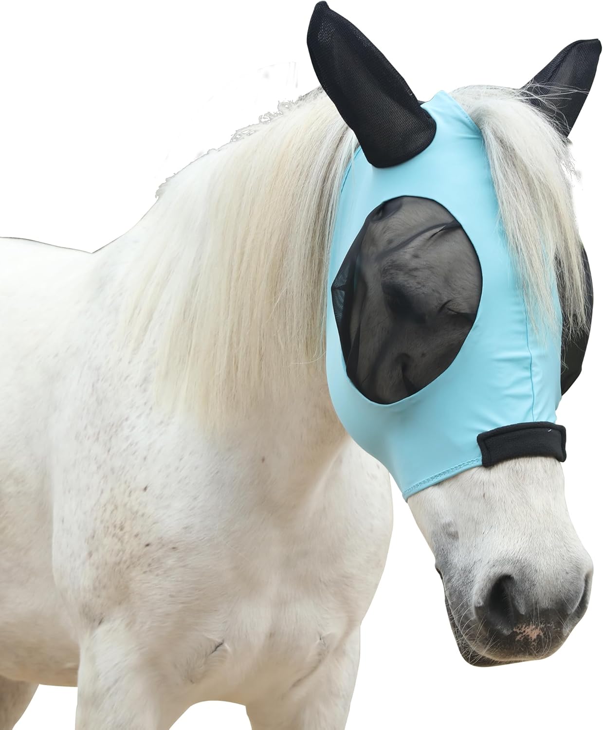 Stretchy Horse Fly Mask for Horses, Soft Lycra Equine Mesh Mask, Elasticity Horse Face Covering, Breathable&UV Protection, Pacific Blue, Cob
