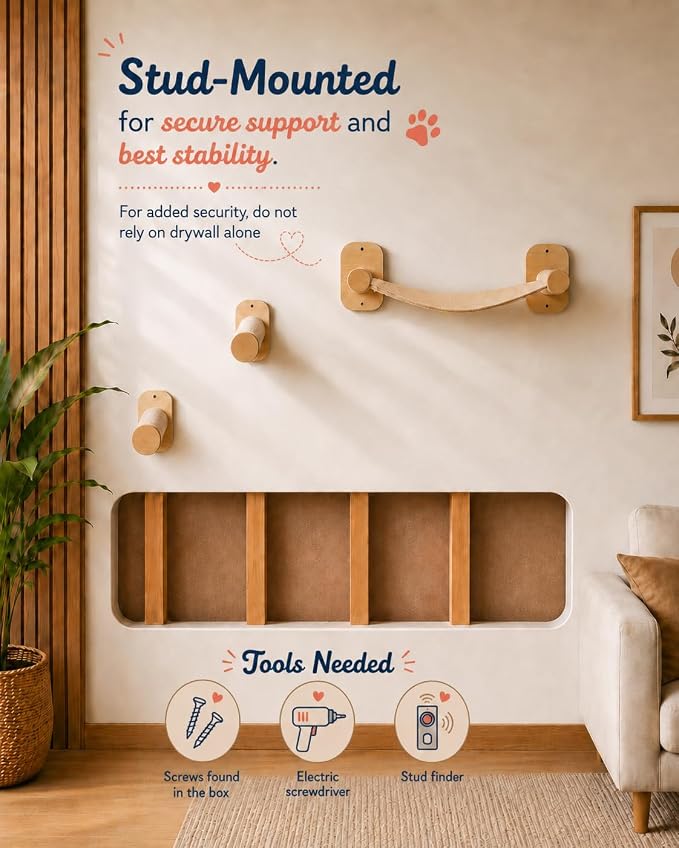 Cat Wall Shelves 6-in-1 Wall Mounted Cat Furniture with Perch & Hammock, Wooden Climbing Shelves with Scratching Post Pad, Space-Saving Climbing Tower for Indoor Cats