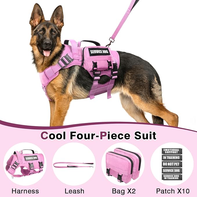 Tactical Dog Harness with Dog Leash, Service Working MOLLE Vest with 10 Pet Patches for Dog, No Pull Military Harness and Backpack for Training Hunting Walking