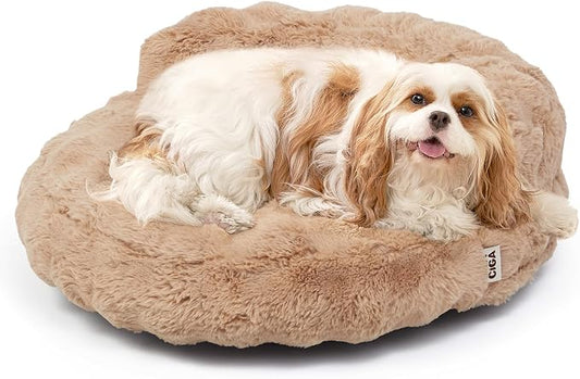 EHEYCIGA Soft Cat Couch Bed for Indoor Cats, Fluffy Small Dog Bed with Removable Washable Cover, Bolster Pet Sofa, Waterproof and Non-Slip, 26" x 26"x 8", Camel