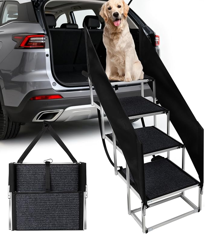 Dog Stairs with Guardrail for Large Dogs Extra Wide 20 Inch Step, High34 in 4 Step Foldable Dog Ramp, Supports up to 230 lbs Designed for Oversized SUVs, Off Road Vehicles, and Pickup Trucks- Felt