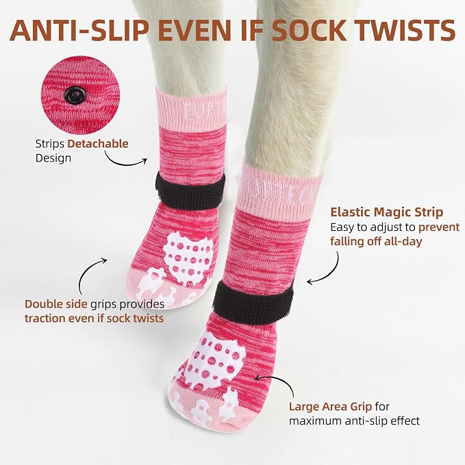 PUPTECK Anti-Slip Dog Socks with Double Sides Grips for Small Medium Large Dogs Hardwood Floors Prevents Licking, Dog Shoes for Hot Pavement Traction Control for Senior Dogs, Fuschia, M