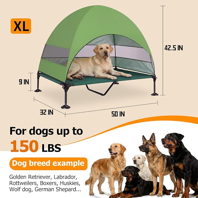 Elevated Dog Bed with Upgraded Canopy, Raised Outdoor Dog Tent with Powerful Anti-Slip Feet, Portable Pet Cot with Larger Shade, Raised Cooling Bed for Camping, Backyard, Beach, Poolside