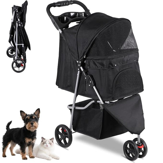 Foldable Pet Stroller for Cats and Dogs 3 Wheels Carrier Strolling Cart with Weather Cover, Storage Basket + Cup Holder (Black)