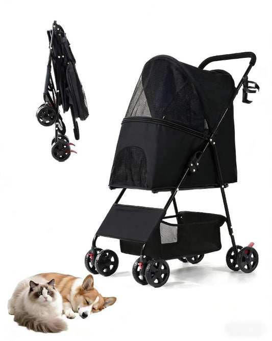 Pet Stroller for Small Medium Dogs Cats - Lightweight Foldable Dog Stroller | 33lbs, 4 Wheels All Terrain Cat Stroller, Breathable Mesh & Safety Tether, Storage Basket for Outdoor Walks-BLACK