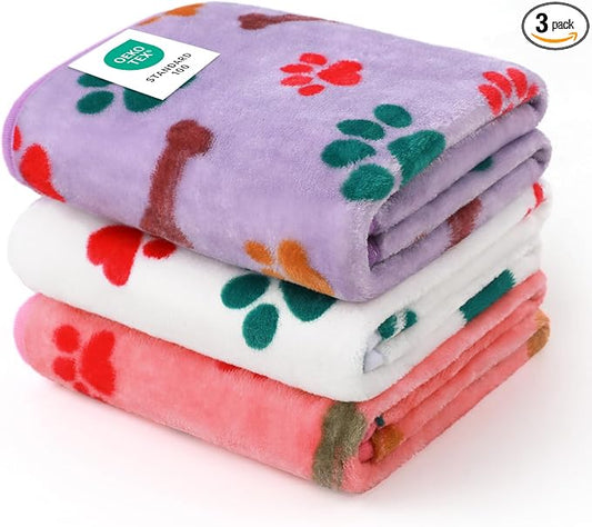 Luciphia 1 Pack 3 Blankets Fluffy Premium Fleece Pet Blanket Flannel Paw Bone Printed Throw for Dog Cat(Large 41x31'', Purple/Pink/White)