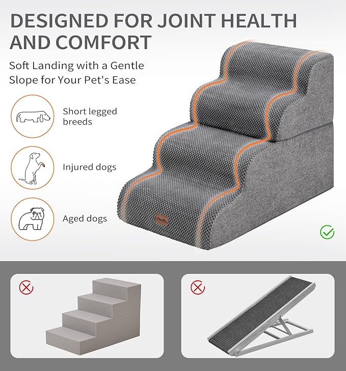 Made4Pets Dog Stairs Ramp for Bed 19.7" H, 4-Step Dog Steps for High Bed Couch Sofa Climbing, 35D Foam Pet Steps for Small Dogs and Cats, Non-Slip Bottom Pet Stairs, Grey