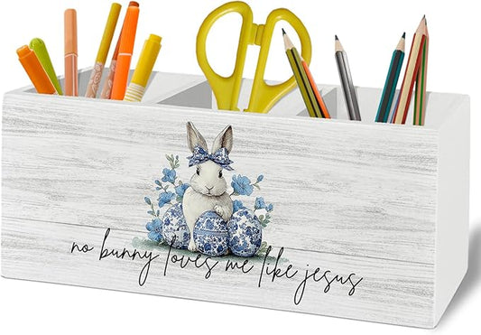 Easter Bunny Decor, Chinoiserie Christian Easter Bunny Pen Pencil Holder Organizer for Desk Accessories, Blue and White Floral Rabbit Wooden Box Sign Desk Decor for Home Office Decoration