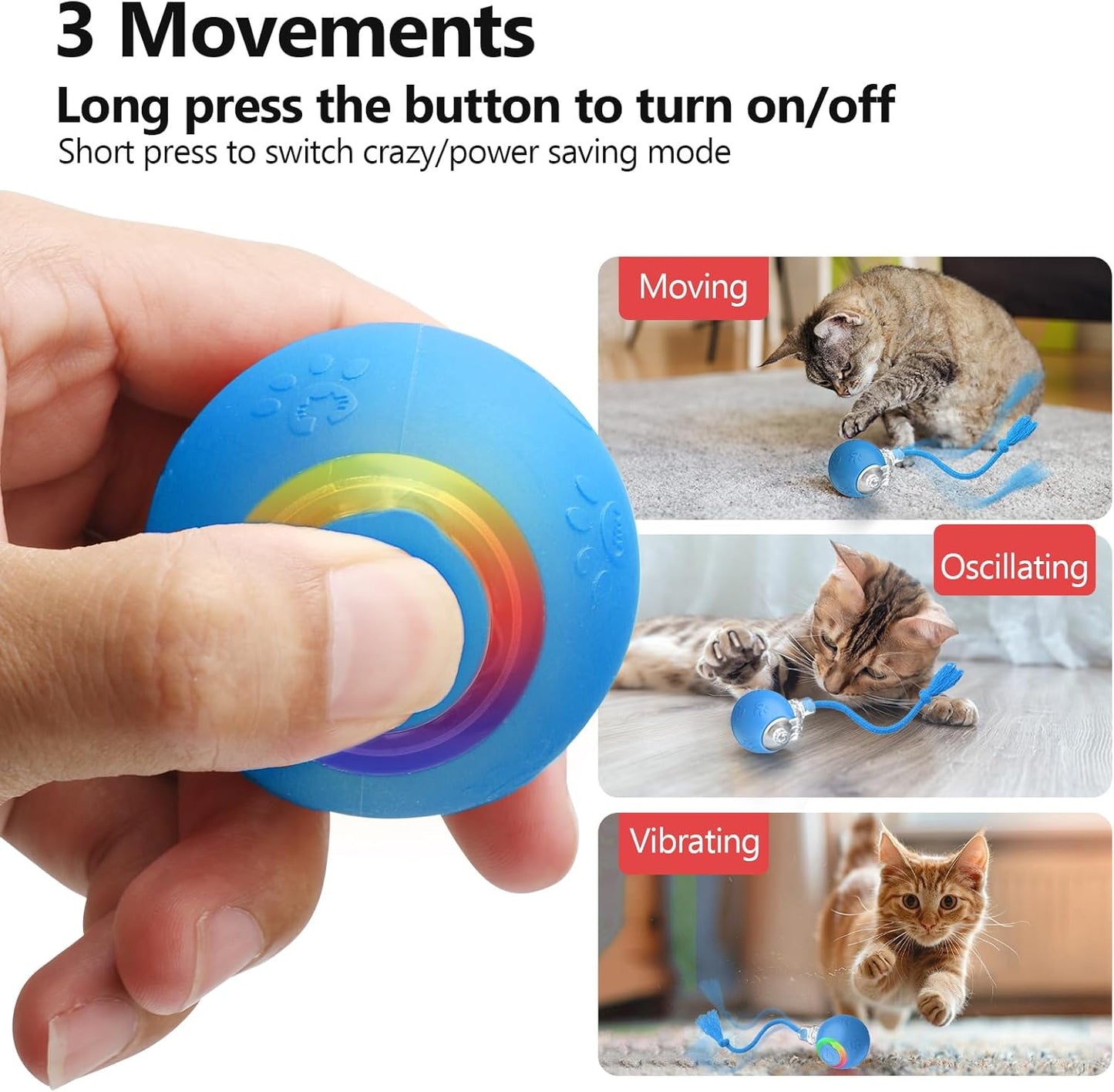 Interactive Cat Toys, Automatic Moving Cat Toys for Bored Indoor Adult Cats, Fast Rolling, Chirping & Motion-Activated Kitty Toys, Fun Gift for Cats with Speedy Tail 2.0, USB Rechargeable, Blue