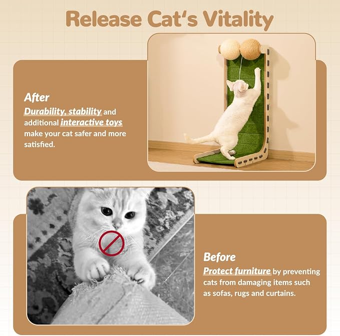 Cat Scratcher Felt Cat Scratch Pad for Cats with Sisal Balls Cat Scratching Board Large Scratchers for Indoor Adult Cat Scratching Furniture Protector Post Toy L Shape 28.4 Inch Green