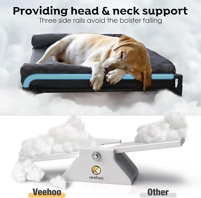 Veehoo Outdoor Elevated Dog Bed-Cooling Raised Dog Cot for Large Sized Dogs | Three-Sided Fence Raised Pet Cot with Mesh & No-Slip Feet Dog Hammock Bed with Removable Bolster-47"x 29" Black