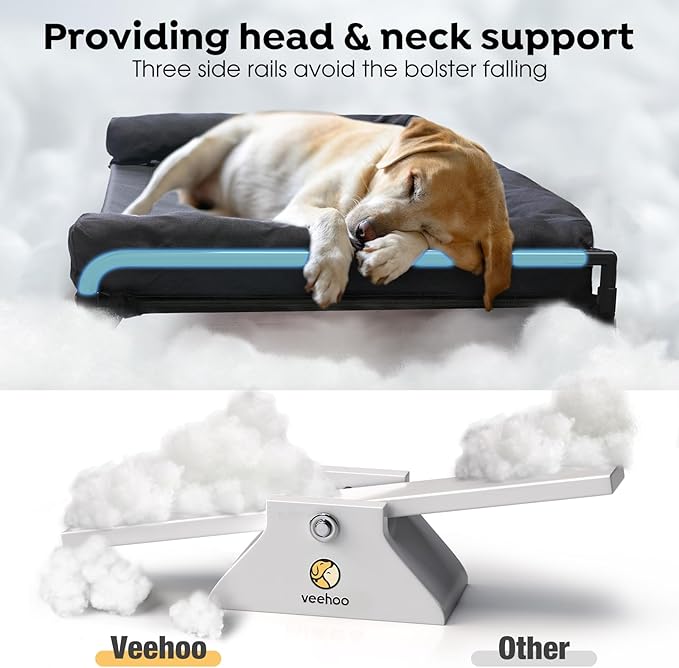Veehoo Outdoor Elevated Dog Bed-Cooling Raised Dog Cot for Large Sized Dogs | Three-Sided Fence Raised Pet Cot with Mesh & No-Slip Feet Dog Hammock Bed with Removable Bolster-41" x 27" Black