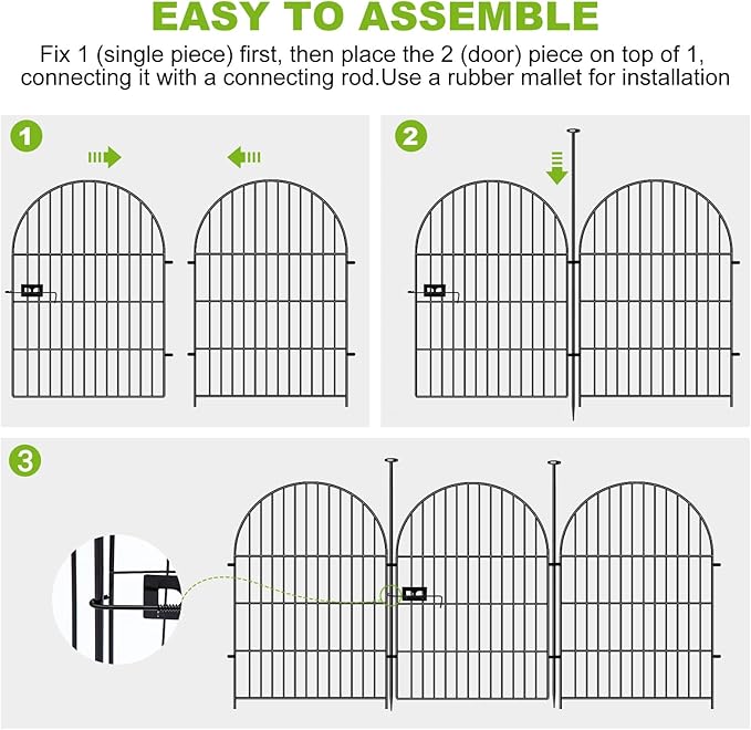 ADAVIN Garden Fence Animal Barrier with Gate 40 in(H)×26.2 Ft(L) 12 Panels,Rustproof Metal Wire Tall Fencing Border for Dogs Rabbits,Outdoor no dig pet Fences,Black Flower Edging for Yard,Arched
