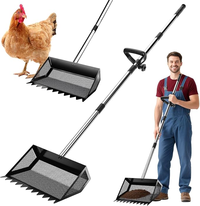 VEEMI Chicken Poop Scooper Rake 2-in-1,304 Stainless Steel Shovel Head, Chicken Litter Scoop with Handle for Chicken Coop for Sand, Pet Waste Cleaning, Litter Sifting Shovel (35 to 65") | Chicken Poop Scooper
