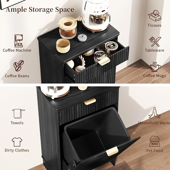 Tilt Out Trash Can Cabinet with Dog Bowl, 10 Gallons Dog Feeding Station with Storage Cabinet, Pet Feeder Cabinet with Hideaway Drawer for Kitchen, Living Room(Tilt-Out Dog Feeding Station-Black)