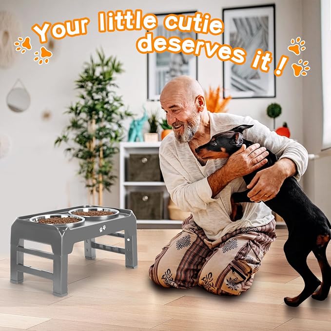 Elevated Bowls, 4 Height Adjustable Raised Stand with 2 Thick 50oz Stainless Steel Food Bowls, Non-Slip Feeder for Large Medium Dogs, Adjusts to 3.7", 9.2", 10.75", 12.36" Grey (Pack of 2)