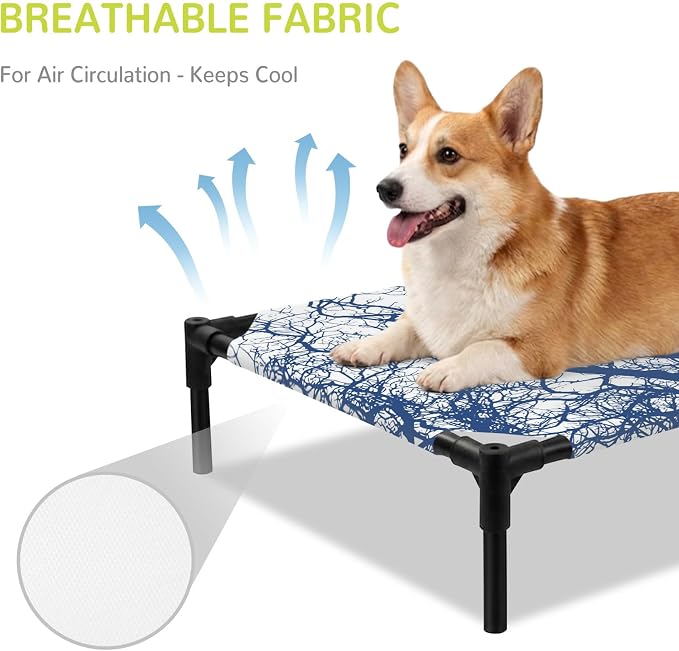Outdoor Elevated Dog Bed for Large Dogs, Modern Tree Branches Breathable Cooling Raised Dog Cot for Indoor/Outdoor, Contemporary Sky Blue Botanical Waterproof Elevated Pet Beds, L 28 x 22 in
