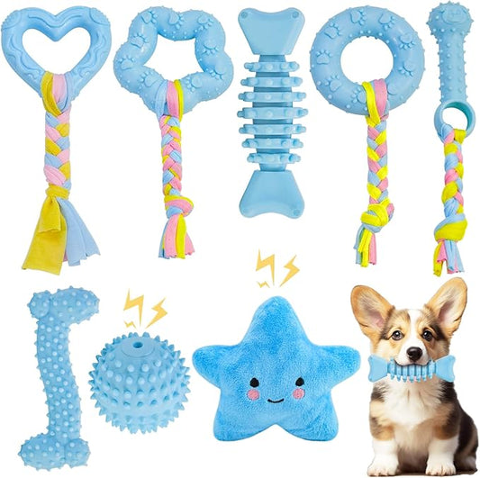 MRSOHRET Puppy Toys, 8 Pack Puppy Chew Toys for Teething, Cute Blue Small Dog Toys Set, Teething Toys for Puppies, Soft Durable Interactive Chew Toy for Small Dogs