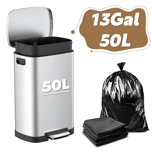 Dog Poop Trash Can Outside, 50L/13 Gal Waterproof & Odor Control Outdoor Trash can, Stainless Steel Dog Waste Container with Foot Pedal & Lid, Heavy-Duty Pet Poop Bucket for Patio（Silver）
