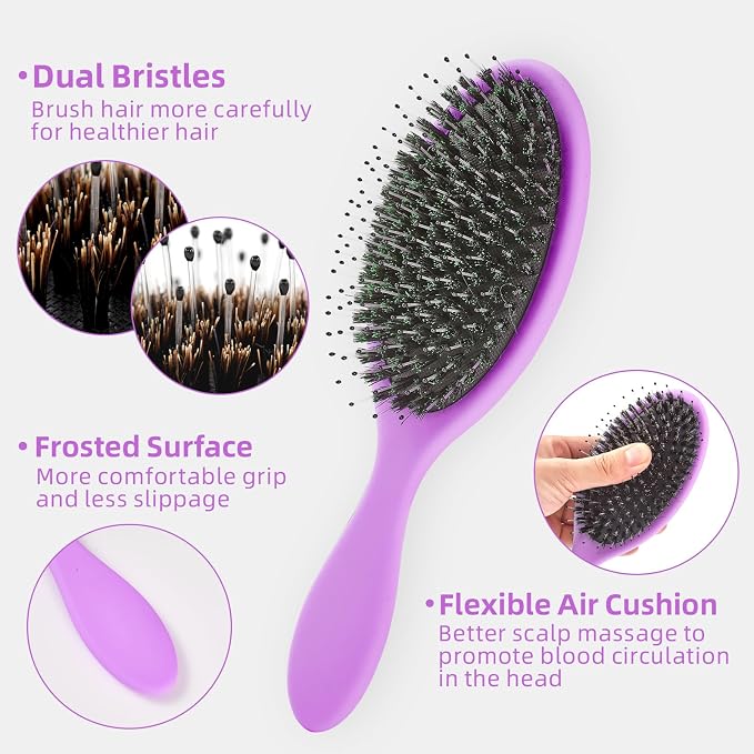 Boar Bristles Hair Brush for Women and Men, Detangling Hair Brush for Smoothing Massage Add Shine, Nylon&Boar Bristles Detangler brush for Hair Healthy (1 Pack-Purple)
