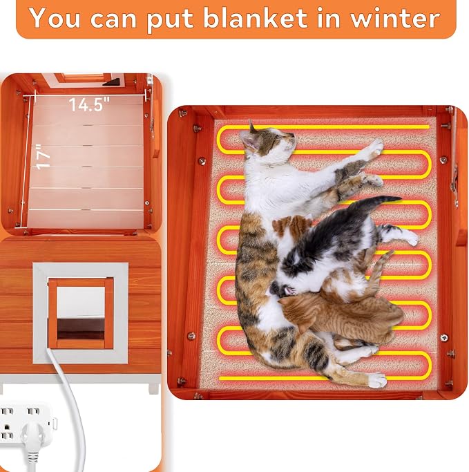PETSFIT Outdoor Cat House Insulated - Thicken High Feet, Expanded Feeding Station, Weatherproof Durable Roof, Outside Cat House, Bunny Rabbit Hutch, Orange