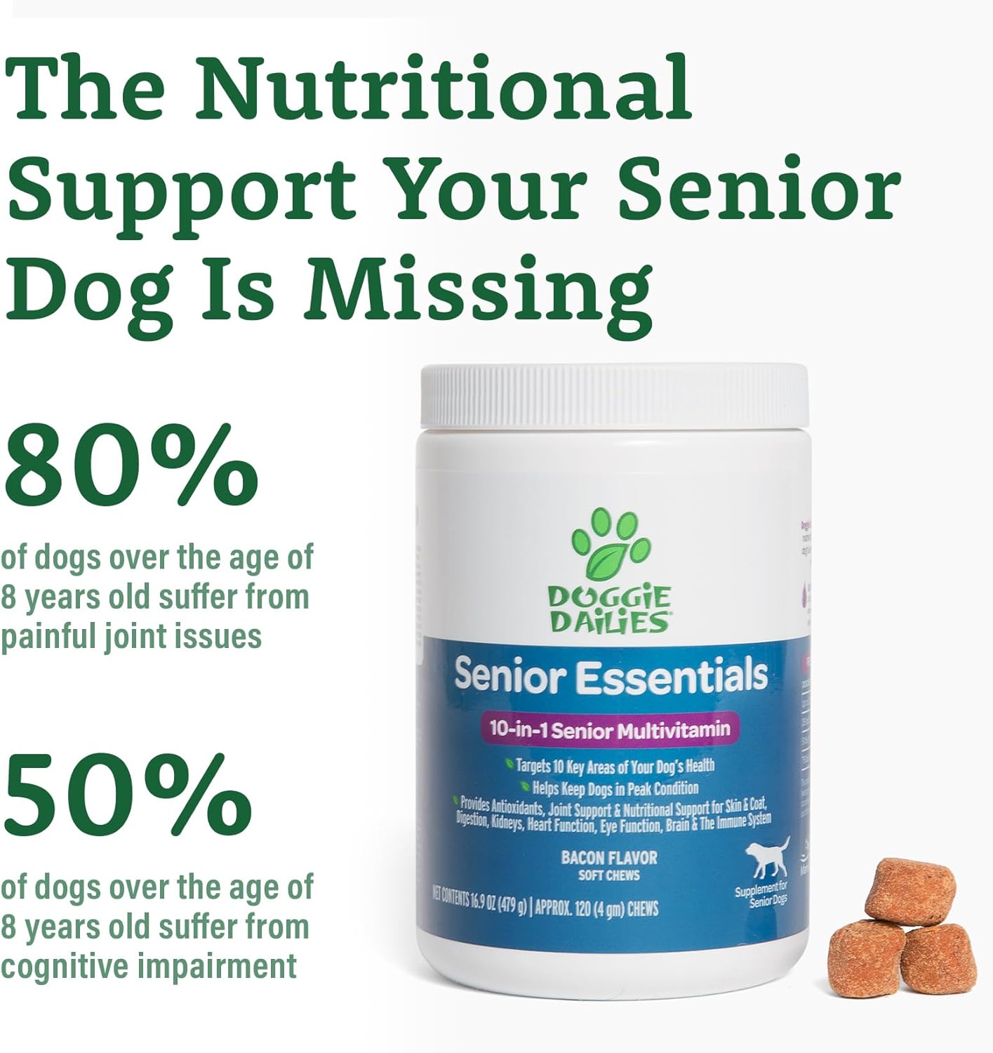 Doggie Dailies Senior Essentials Multivitamin for Dogs Soft Chews | Advanced Dog Multivitamin | Nutritional Support for Joints, Skin & Coat, Digestion, and the Immune System | Bacon Flavor | 120 Count