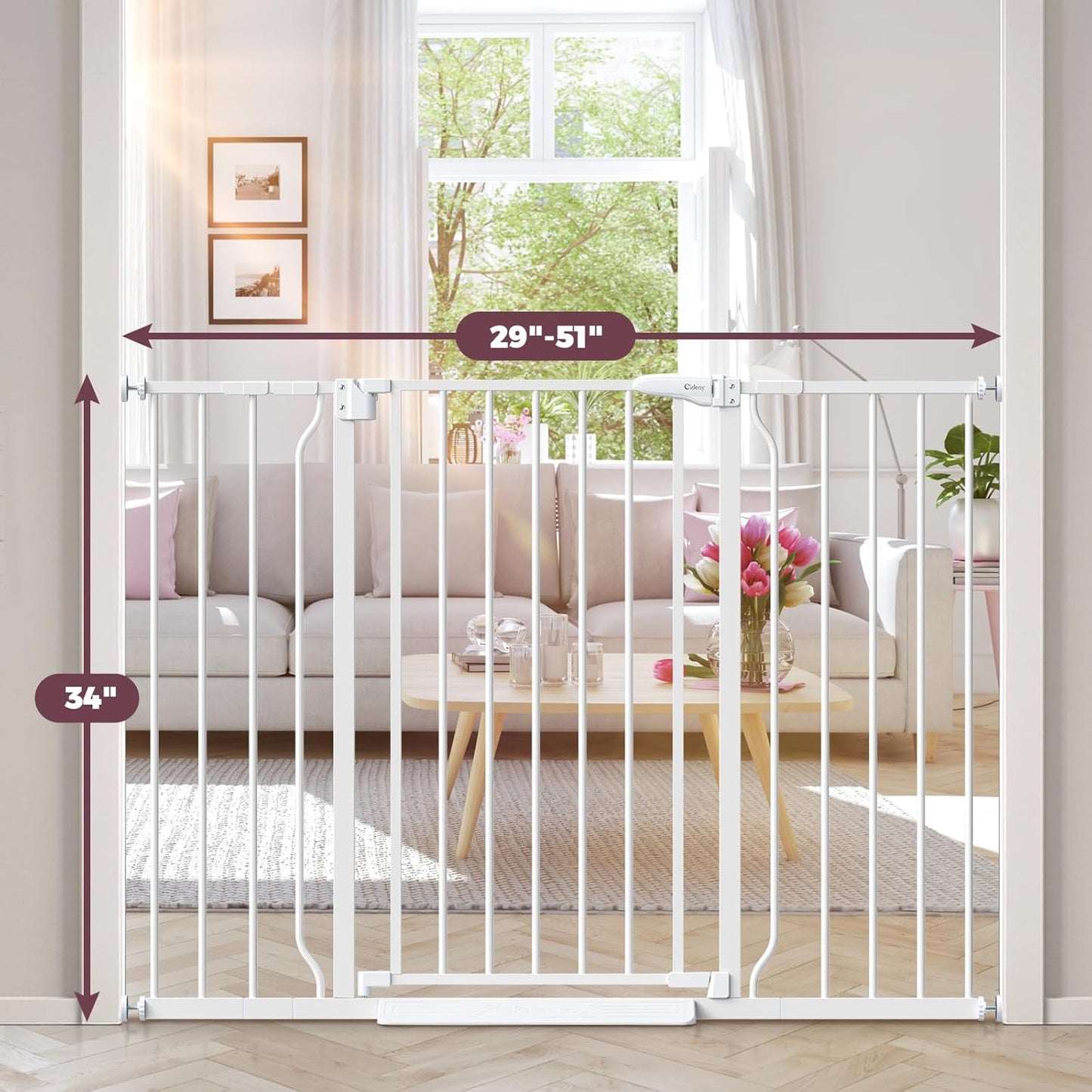 34" Extra Tall Baby Gate for Stairs, Auto Close Stroller Friendly Dog Gate Indoor for Doorways, Pressure Mounted 29"-51" W Baby Gate, Easy Walk Through Gate for Children & Pets, White