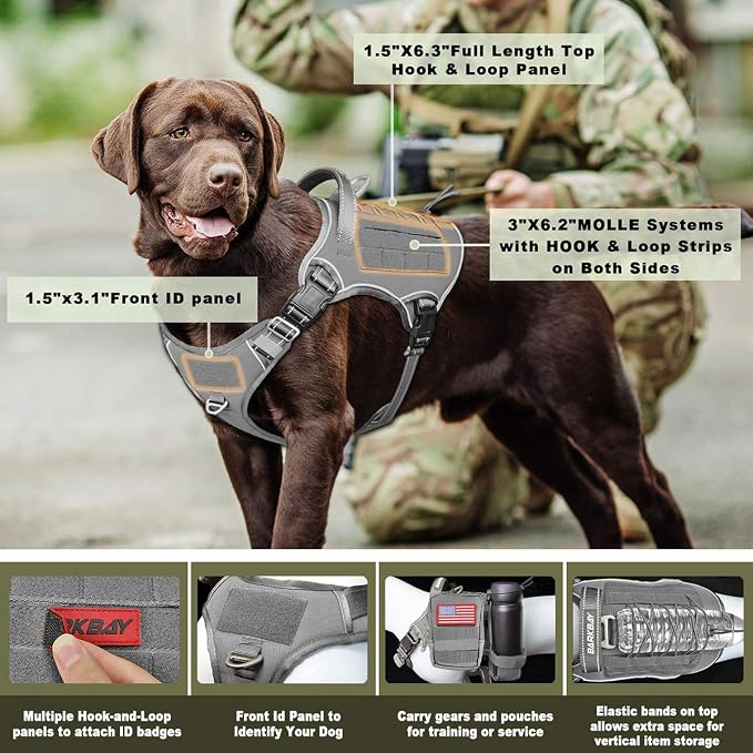 Tactical Dog Harness Large,Military Service Weighted Dog Vest Harness Working Dog MOLLE Vest with Loop Panels,No-Pull Training Harness with Leash Clips for Walking Hiking Hunting(Grey,L)