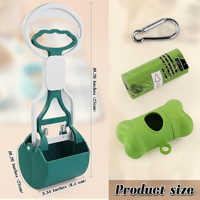 Andiker Dog Pooper Scooper with Short Handle, 10.23" Tall Dual-Spring Pet Pooper Scooper with 1 Roll of Dog Poop Bag and a Dispenser Easy to Use Dog Poop Scooper for Yard Picking Waste Up (Green)