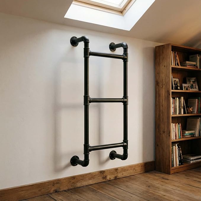 Black 3-Rung Window Well Ladder, 3FT Egress Wall Mounted Ladder for Indoor Climb Use, Wall/Floor Mountable Iron Step for Loft, Basement, Blanket Rack, Farmhouse, Space-Saving