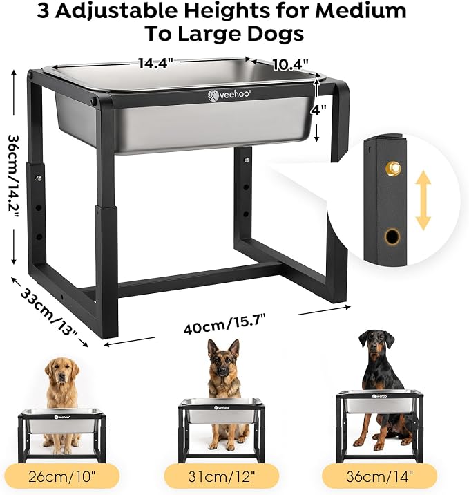 Veehoo 2.4 Gallon Elevated Outdoor Dog Water Bowl for Large Dogs | No Spill Metal Raised Dog Bowls Stand, 3 Adjustable Heights, Relief Joint Pressure, Stainless Steel Bowl, Dishwasher Safe