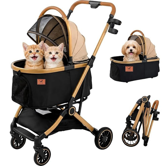 6-in-1 Cat Stroller for Cats & Small Dogs, Foldable Travel | Luxury Brown Pet Stroller, Detachable Carrier, Foldable Dog Stroller for Small Dogs, 360° Wheels, Frame Supports up to 50 lbs