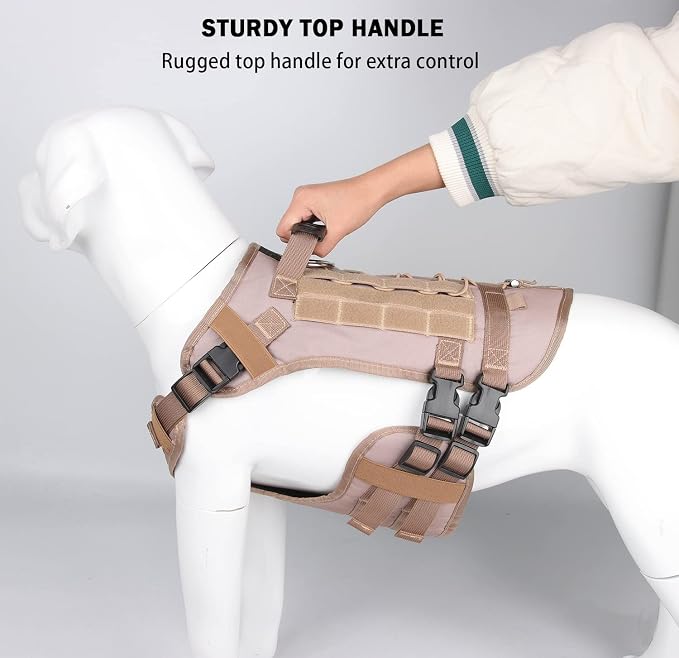 Tactical Dog Harness for Medium Large Dogs No Pull, Military Dog Harness with Handle,Service Dog Vest with Molle & Loop Panels, Adjustable Pet Harness for Training Hunting Walking Khaki
