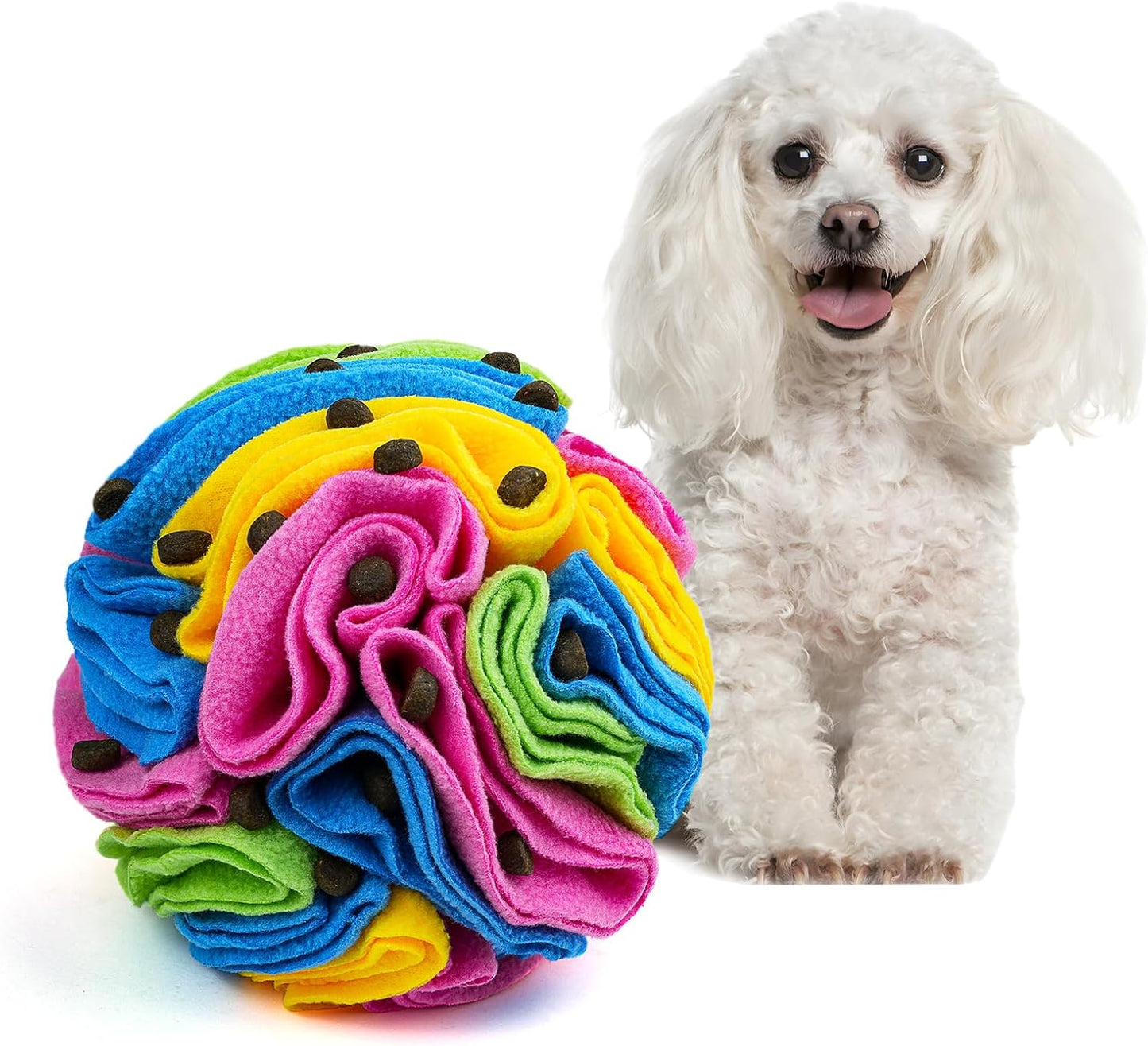 Pet Snuffle Ball, Puzzle Sniffing Interactive Dog Ball for Blind Dogs Training Stress Relief Dog Enrichment Toys Treat Machine Washable (New Rainbow Color, 10cm)