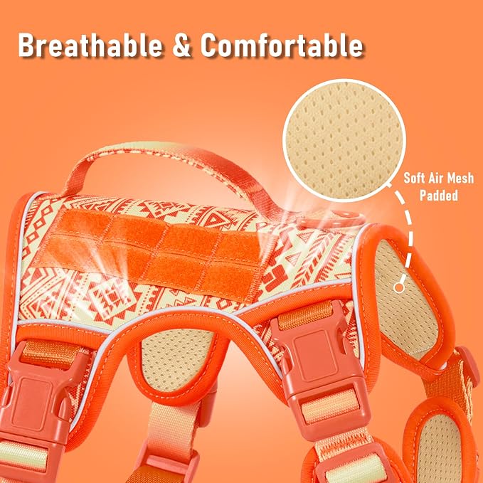 Orange Tactical Dog Harness with Ethnic Pattern for Big Dog, Like English Bulldog Doberman Husky Rottweiler Labrador, Easy to Put on and Take Off, No Pull Easy Walk Escapeproof No Choke, Large