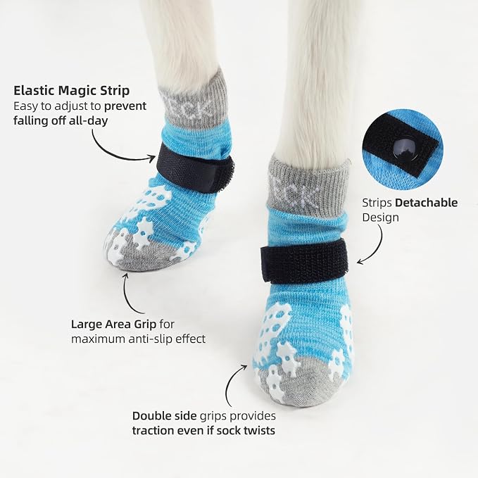 PUPTECK Anti-Slip Dog Socks with Double Sides Grips for Small Medium Large Dogs Hardwood Floors Prevents Licking, Dog Shoes for Hot Pavement Traction Control Paw Protector for Senior Dogs Blue L